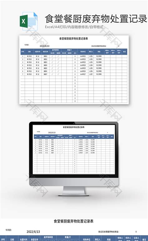 食堂餐厨废弃物处置记录表Excel模板_千库网(excelID：171014)