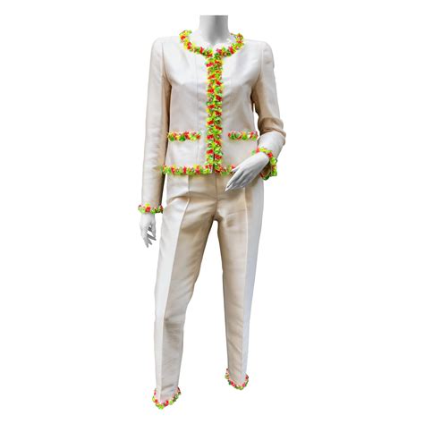 Chanel Off-White Silk Pant Suit Embroidered with Multicolored Beads at ...