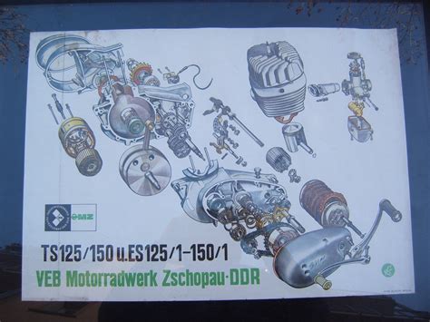 original MZ Plakat Explosionszeichnung Motor ES TS 125 150 - DDR