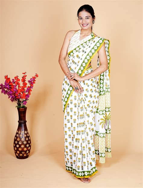 White Floral & Palm Hand Block Print Cotton Saree – Entimessi