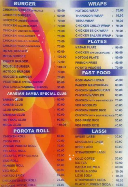 Menu at Samba, Bengaluru