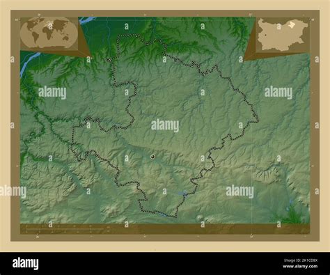 Razgrad, province of Bulgaria. Colored elevation map with lakes and rivers. Corner auxiliary ...