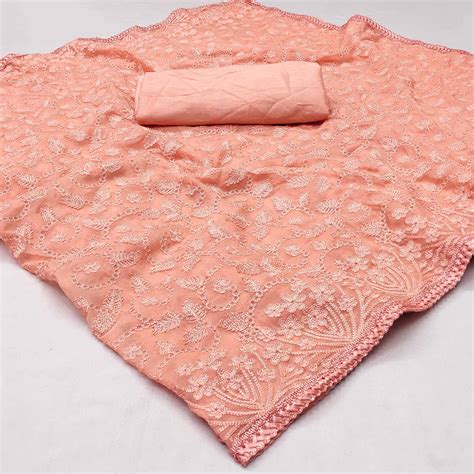 Peach Floral Embroidered Organza Saree