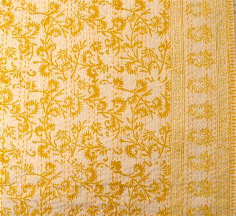 Yellow Floral Hand Block Double Bed Queen Hand Embroidered Bedspread ...