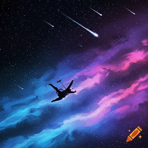 A person flying through space with colorful nebula clouds and shooting ...