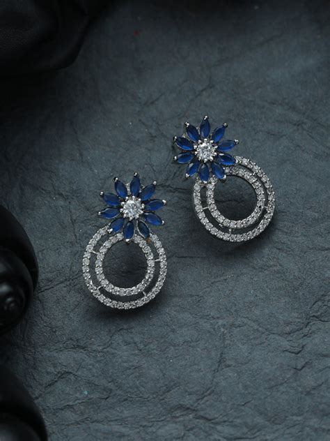 Priyaasi Blue AD Studded Floral Drop Silver Plated Earrings