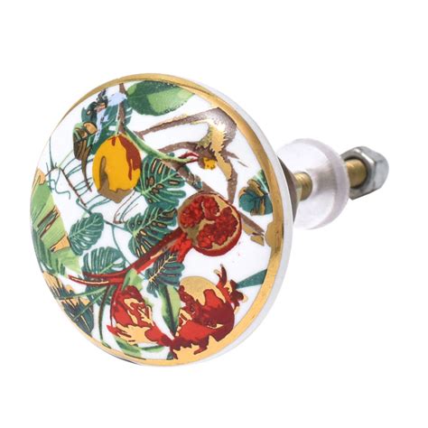 Monkey on Pomegranate Tree Gold Printed Ceramic Cabinet Knobs