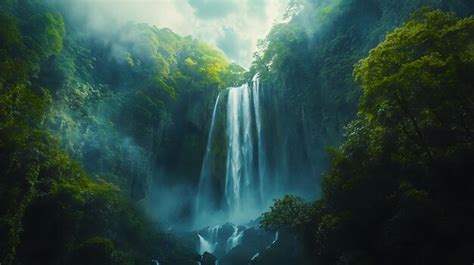 A vertical composition of a tall waterfall in a remote location with ...