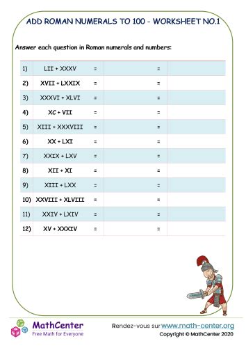 Add Roman Numerals to 100 - worksheet no.1 | Worksheets | Math Center
