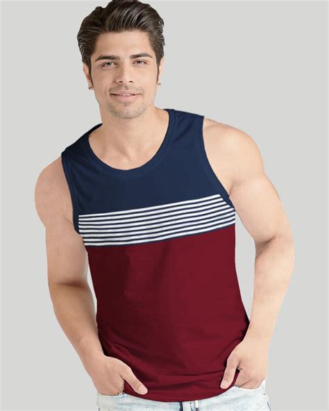 Buy Men Navy-Maroon Striped Vest at 199 Rs Online – TRIPR