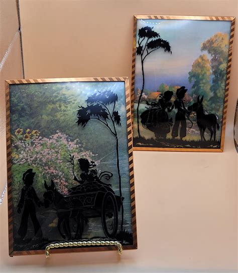 1940s Reverse Silhouettes Curved (Convex) Glass 5"x7" Wall Pictures