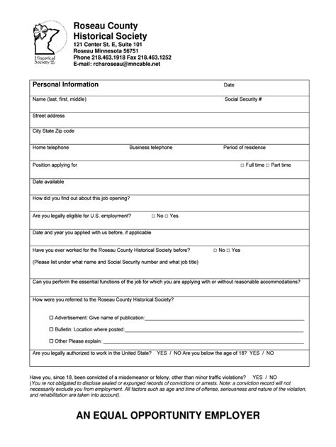 Fillable Online roseaucohistoricalsociety RCHS Application Employment ...