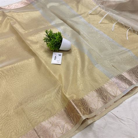 Gold Zari Border Tissue Silk Banarasi Saree – Mohsin Textiles