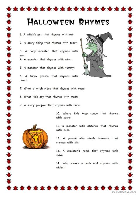 Vocabulary work-Halloween rhymes: English ESL worksheets pdf & doc