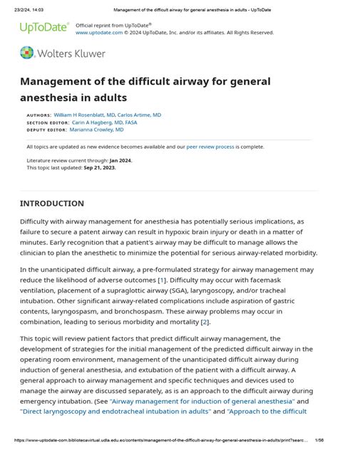 Management of The Difficult Airway For General Anesthesia in Adults - UpToDate | PDF ...