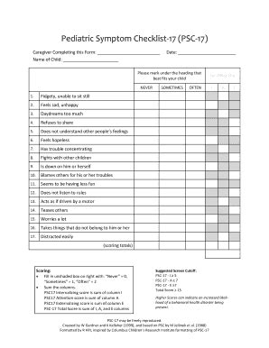 Fillable Online Pediatric Symptom Checklist-17 PSC-17 - CCWJC Home Fax ...