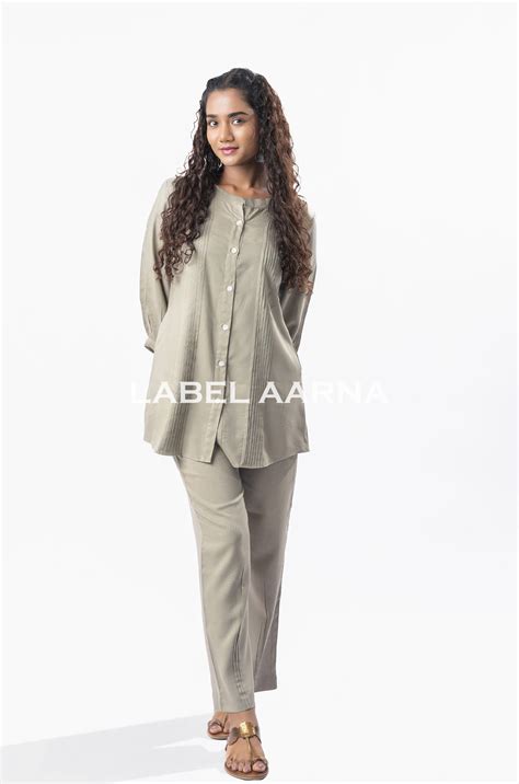 Light Grey Viscose Rayon Pleated Band Collar Straight Fit Co-Ord Set ...