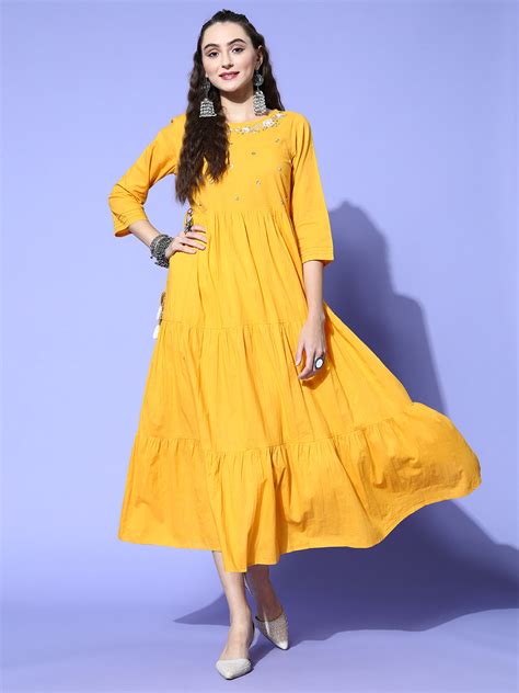 Buy Sunehri Women's Cotton Mustard Yellow Embroidered Anarkali Dress