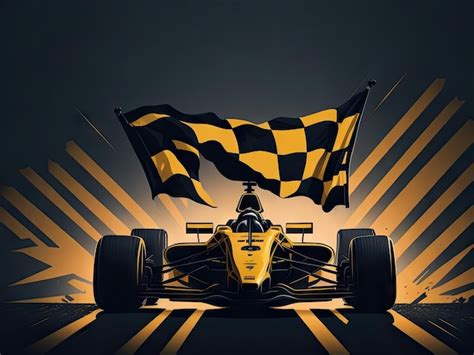 Voiture et drapeau du vainqueur de la course de formule sur fond flou ...