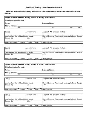 End-User Poultry Litter Transfer Record - Blank Fillable Template ...