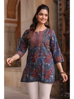 Buy Rain & Rainbow Blue Floral Print Cotton Top (S) Online