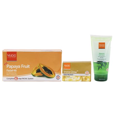 VLCC Papaya Fruit Facial Kit 60g, Insta Glow Bleach, 30g and Neem ...