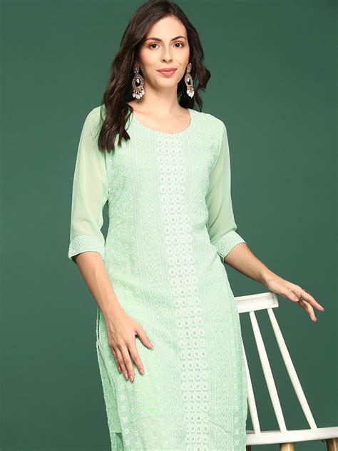SHOWOFF Women's Round Neck Regular Sleeves Calf Length Sea Green ...