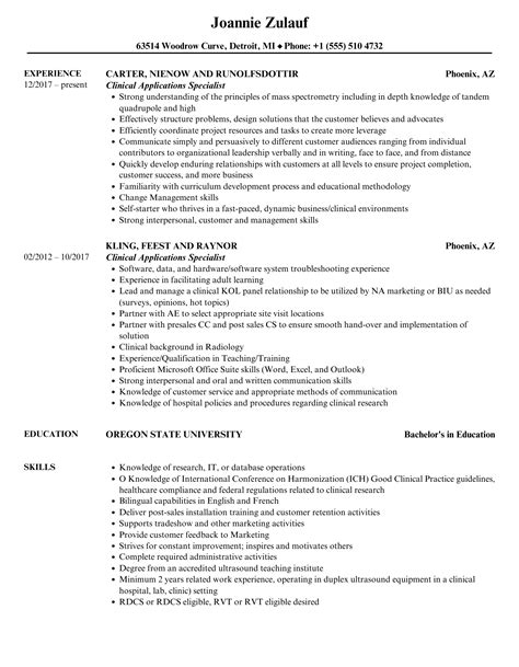 Clinical Applications Specialist Resume Samples | Velvet Jobs