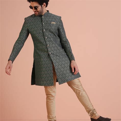 Green Printed Sherwani with Golden Churidar – Kisah