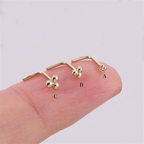 14k Solid Triple Ball Nose Stud L Shaped Nose Ring Gold Nose Piercing ...
