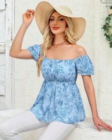 Womens Smocked Peplum Tops Square Neck Ruffle Short Sleeve Shirts ...