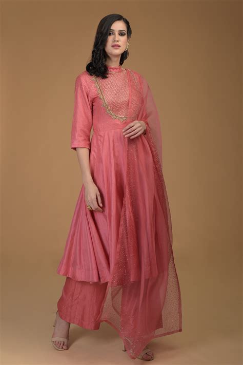 Buy Pink Kurta And Pant Pure Dupatta Organza Anarkali Set For Women by ...