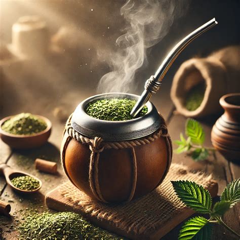 Dekoratív tök mate tea bombillával, zöld mate levelekkel és gőzzel a ...