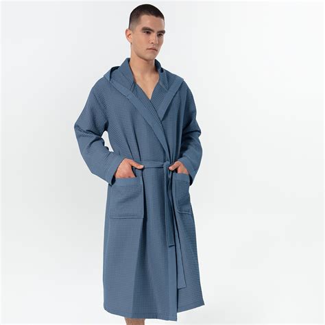 Men's Indigo Blue Hooded Turkish Cotton Waffle Robe | SEYANTE