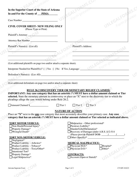 Phoenix Arizona Pima Civil Cover Sheet | US Legal Forms