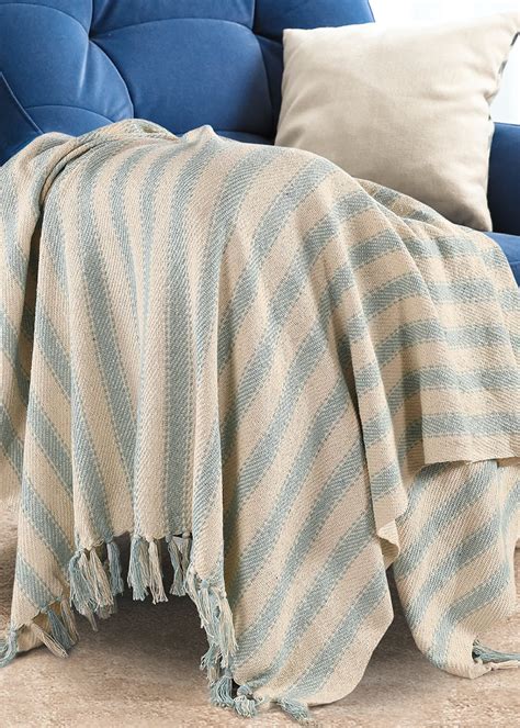 Get Blue Striped Sofa Throw with Tasseled Edges at ₹ 1199 | LBB Shop