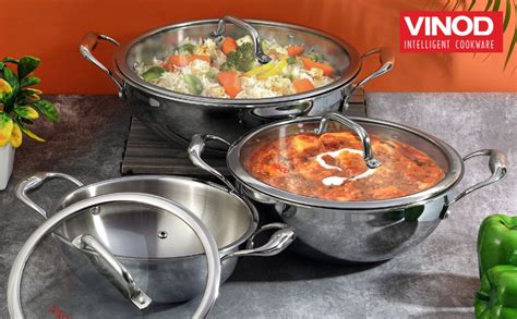 Vinod Platinum Triply Stainless Steel Extra Deep Kadai with Glass Lid ...