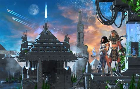 Wallpaper the sky, woman, planet, tower, stars, pyramid, male, flight ...