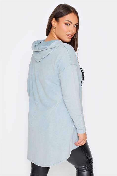 YOURS Plus Size Light Blue 'New York' Slogan Acid Wash Hoodie | Yours ...