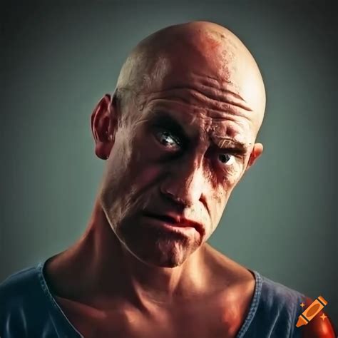 Skinny man. Mean. Annoyed. Lantern jaw. Big jaw. Stubble. Comb over. Balding. Eye glasses. Blue ...