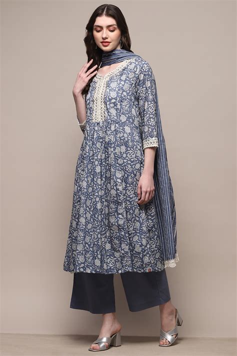 Buy Blue Cotton A-Line Suit Set Online at Biba India