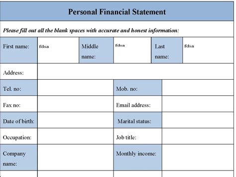 Image result for Personal Financial Statement Form Print