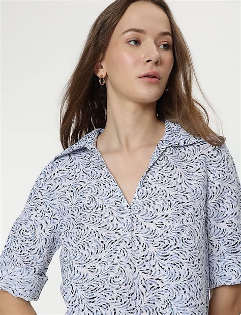 Buy Linen Rich Swirl Printed 3/4 Sleeves Top at Marks & Spencer