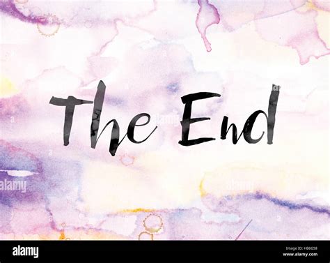 The word "The End" painted in black ink over a colorful watercolor ...
