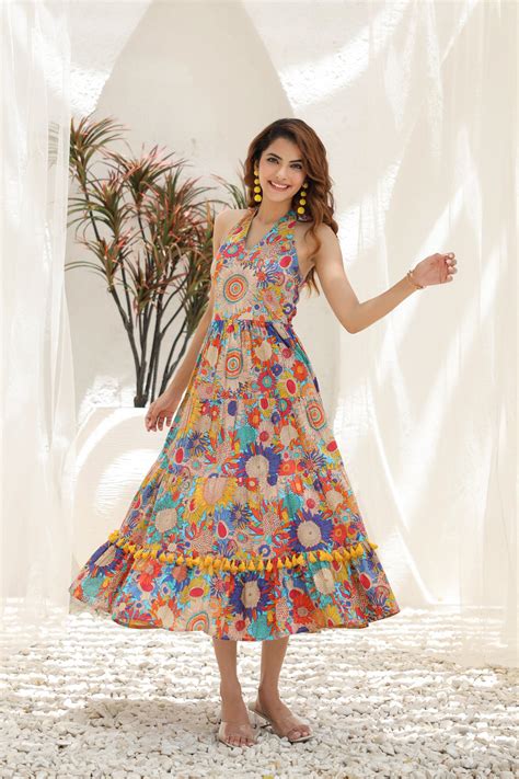 Floral Printed Pure Cotton Fit & Flare Ethnic Dress – Rain & Rainbow
