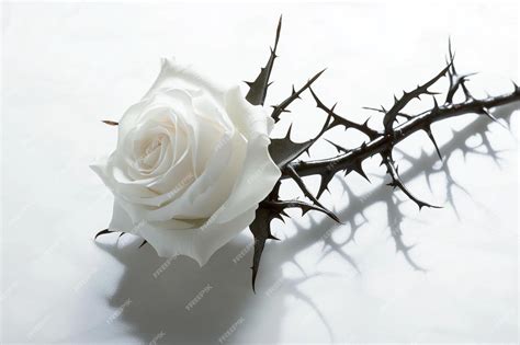 A single white rose with thorns casting a soft shadow on a white ...