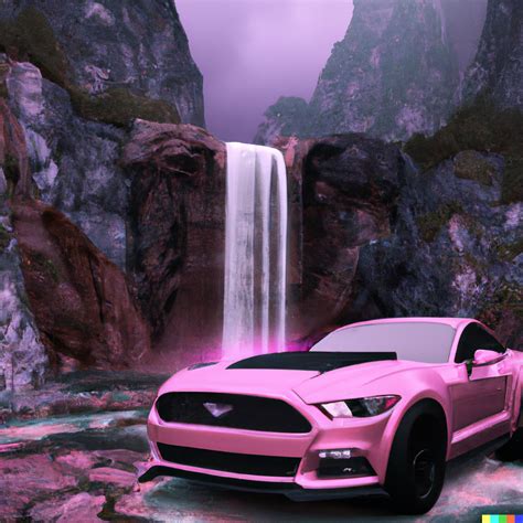 Pink Ford Mustang at Waterfall