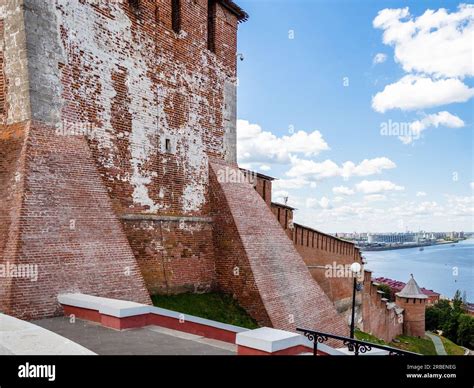 view of Nizhny Novgorod Kremlin towers and walls from Chkalov Stairs in ...