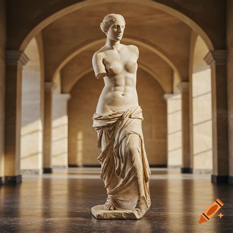 Photorealistic marble statue of Venus de Milo in a museum hall with arched ceilings and ...