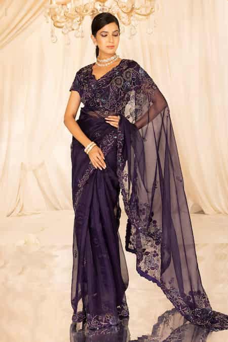 Buy Purple Organza Embroidery Collared French Knot Border Saree With Blouse For Women by ISLIE ...